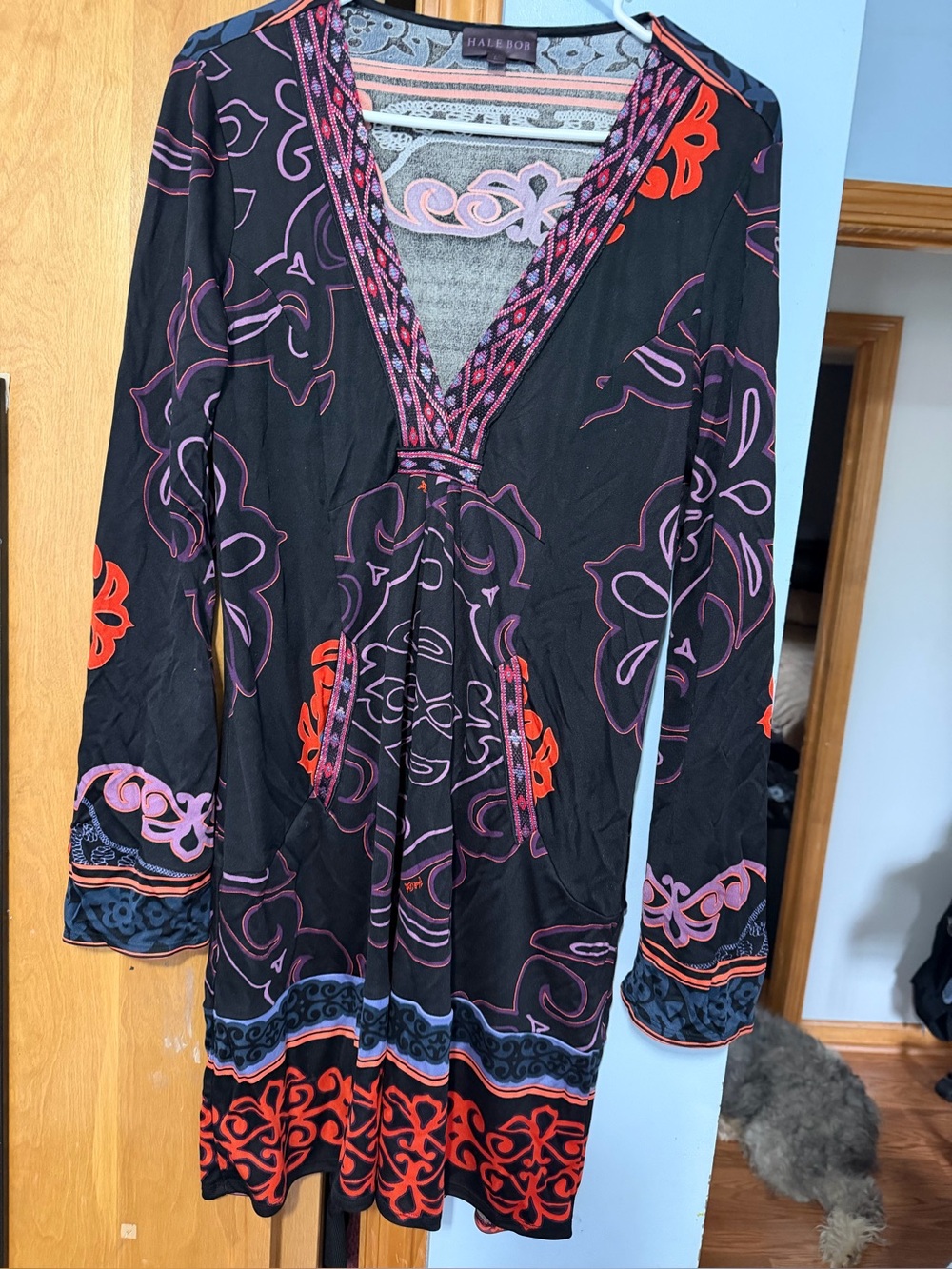 Hale Bob Black V-Neck Floral Accent Long Sleeve Dress